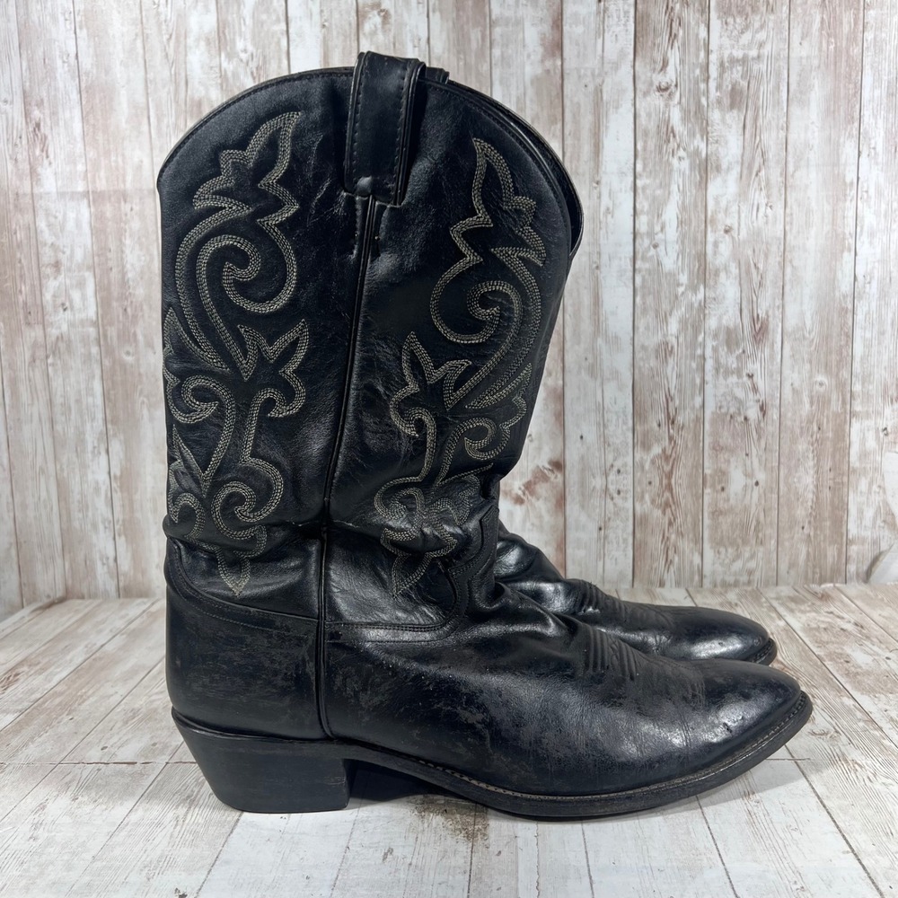 Justin 1409 Mens Black Leather Western Cowboy Boots Pointed Toe Size 9 D
